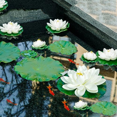 12pcs Floating Foam Lotus Flowers with Lily Pads, Artificial Pond Plants Ornaments for Pool Aquarium Water Decoration, White