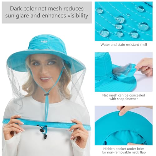 BASSDASH UPF 50+ Mosquito Sun Hat with Hidden Head Net and Neck Flap for Men Women Outdoor Fishing Hiking Camping - color: Light Sky Blue