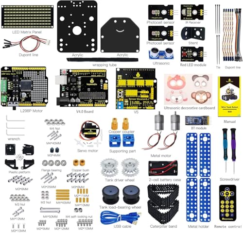 KEYESTUDIO Mini Tank Kit V2 Smart Car for Arduino, IR Infrared and App Remote Control (iOS and Android), Light and Ultrasonic Follow, 8X16 LED Panel, Ultrasonic Obstacle Avoidance,15+