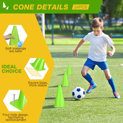 24pcs Cones 9 Inch Soccer Cones and Plastic Traffic Cones, Durable Cones for Sports Training, Ideal for Soccer, Basketball, Football, Skating, and Agility Drills Practice - color: green