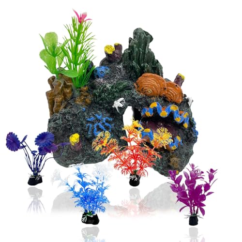 Aquarium Coral Reef Decor Resin Fish Tank Decorations Rock Mountain Cave Ornaments for Goldfish Betta Fish Sleep Rest Hide Play Breed with 4 PCS Aquatic Plants (Small Size) - size: M-4 PCS water plants