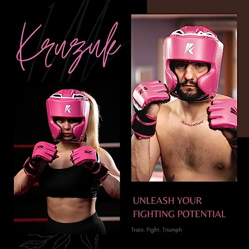 Kruzak Unisex Boxing Headgears - MMA Training, Adjustable Padded, Kara,Muay Thai Headgear, Kickboxing, Sparring, Martial Arts, Karate, Taekwondo MMA Body Equipment - color: Pink, size: Large-X-Large