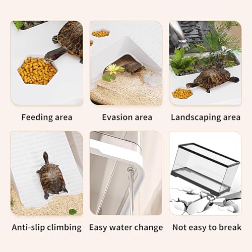 Turtle Fish Tank with Basking Platform and Bottom Drainage, 20" x 9.5" x 9.5" Aquatic Turtle Tank for Juvenile Turtle, Crayfish, Crabs, Amphibians, Reptiles, PC Material, Black Color