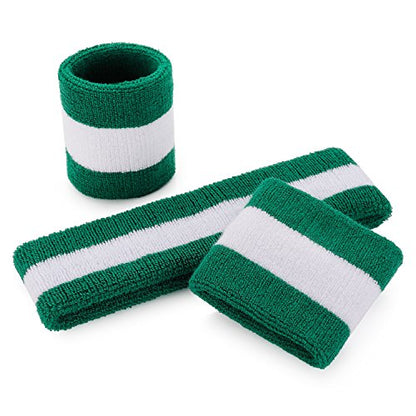 ONUPGO Sweatband Set Sports Headband Wristband Set Sweatbands Terry Cloth Wristband Wrist Sweatband Headbands Moisture Wicking Sweat Absorbing Head Band - color: Green/White/Green
