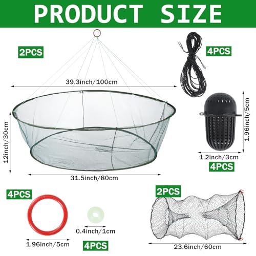 2PCS Fishing Bait Trap and 2 PCS Foldable Fishing Net Lobster Shrimp Collapsible Cast Net Nylon Minnow Trap with Rope Drop Net for Pier Fishing Portable Folded Fishing Accessories