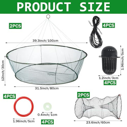 2PCS Fishing Bait Trap and 2 PCS Foldable Fishing Net Lobster Shrimp Collapsible Cast Net Nylon Minnow Trap with Rope Drop Net for Pier Fishing Portable Folded Fishing Accessories