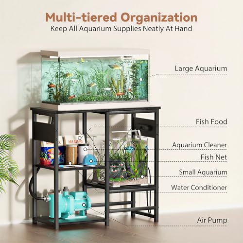5-10 Gallon Fish Tank Stand with Power Outlets, 4 Tier Metal Aquarium Stand with Wood Storage Shelves, 20.3" L x 10.6" W x 30.3" H Turtle Reptile Fish Tank Table Aquarium Table - Black