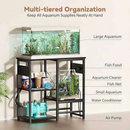 5-10 Gallon Fish Tank Stand with Power Outlets, 4 Tier Metal Aquarium Stand with Wood Storage Shelves, 20.3" L x 10.6" W x 30.3" H Turtle Reptile Fish Tank Table Aquarium Table - Black