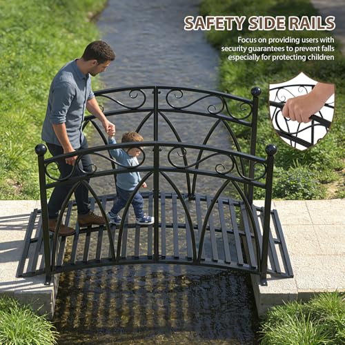 4 Ft Garden Bridge - Metal Footbridge for Outdoors, Safety Side Rails with Fashionable Patterns, Decorative Garden Arch Walkway for Stream, Creek, Pond, Black