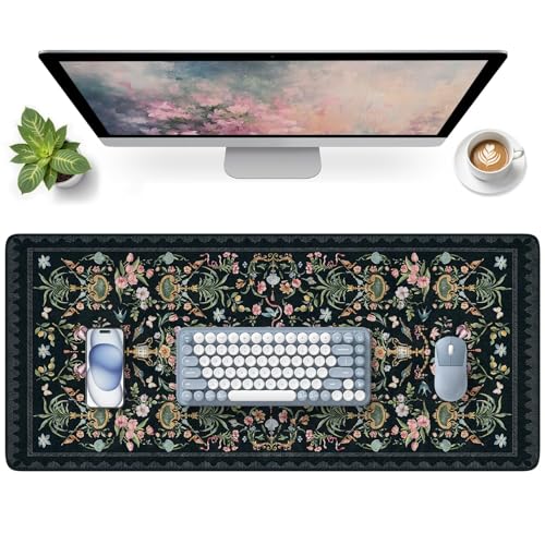HAOCOO Elegant Floral Desk Mat, Vintage Aesthetic Mouse Pad Black, Flower Plant Extended Desk Cover Mat, 35.4" x 15.7" Non-Slip Computer Pad, Waterproof Desktop Protector for Office, Home, School