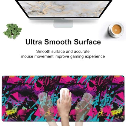 Abstract Grunge Elements Desk Mat,Large Neon Color Patterns Gaming Keyboard Mouse Pad,Non-Slip Rubber Base Desk Pad Thick Stitched Edges Waterproof Mousepad Mouse Mat 31.5"x11.8" - color: Abstract Grunge Elements