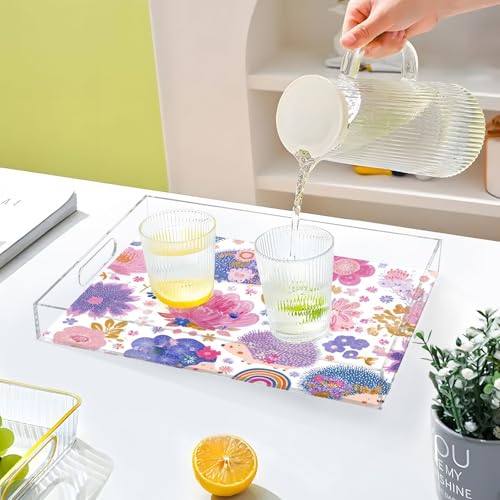 Acrylic Tray Clear Serving Vanity Ottoman Bathroom Coffee Table Countertop Organizer Raised Edge Spill Proof Hedgehog and Floral Pink - color: Hedgehog and Floral Pink
