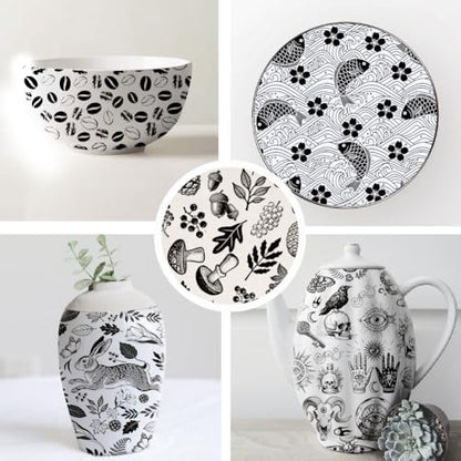 SUPERDANT 6PCS Rabbit Animals Underglaze Paper Transfer Fish Mushrooms Transfer Papers for Clay Ceramic Porcelain Under Glaze Transfers for Pottery Enamel Decals Black Underglaze Handcrafted Gifts