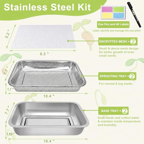 Stainless Steel Sprouting Trays, 2-Tier 10.4 x 7.7 in Microgreens Growing Tray Set with Extra-Fine Silicone Mesh for Alfalfa, Broccoli, Mung Beans, Peas, Rapeseed, Wheatgrass - size: 10.4"L × 7.67"W Tray