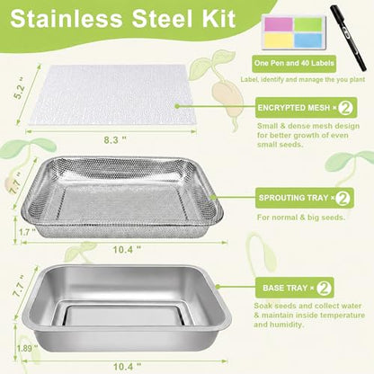 Stainless Steel Sprouting Trays, 2-Tier 10.4 x 7.7 in Microgreens Growing Tray Set with Extra-Fine Silicone Mesh for Alfalfa, Broccoli, Mung Beans, Peas, Rapeseed, Wheatgrass - size: 10.4"L × 7.67"W Tray