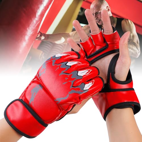 MMA Gloves Grappling Sparring, Half Finger Boxing Fight Gloves, Open Palm Martial Arts Mitts Men Women Boxing Gloves for Sanda Sparring Punching Bag Training - color: Red