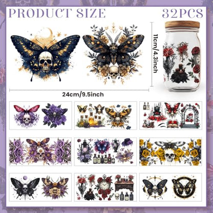 32 Pcs Gothic UV DTF Cup Wraps for 16OZ Glass, 4.3 x 9.4 Inch Skull Rose UV DTF Transfer Stickers Waterproof Rub on Transfer Decals for Glass Bottle Vase Furniture Crafts - style: Skull and Rose