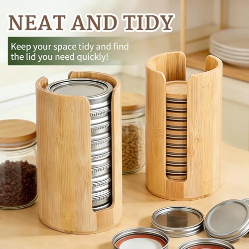 2 Pack Mason Jar Lid Organizer, Bamboo Lid Holder for Wide & Regular Mouth Canning Lids & Rings, Compact Space-Saving Rack for Kitchen Countertop & Cabinet, Holds 10–12 Lids