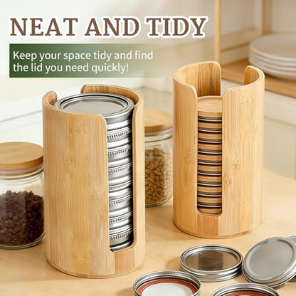 2 Pack Mason Jar Lid Organizer, Bamboo Lid Holder for Wide & Regular Mouth Canning Lids & Rings, Compact Space-Saving Rack for Kitchen Countertop & Cabinet, Holds 10–12 Lids
