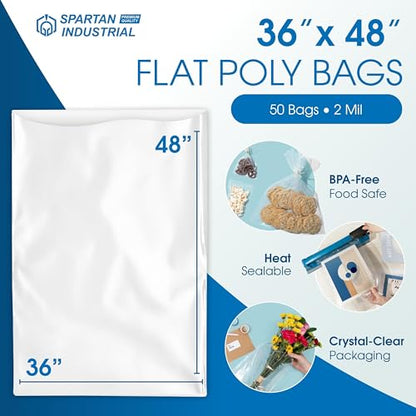 36" X 48" Open-End Flat Poly Bags (50 Count) - 2 Mil Clear Plastic Bags for Packaging, Shipping, Storage - No Adhesive Strip - Spartan Industrial - size: 36” X 48”