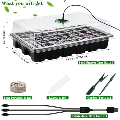 3 Pack Seed Starter Tray Kit with Grow Light Germination Trays with Humidity Dome, 120 Peat Pellets, Gardening Tools, Plant Labels, Plant Growing Trays for Seeds Growing Starting, Black - color: Black