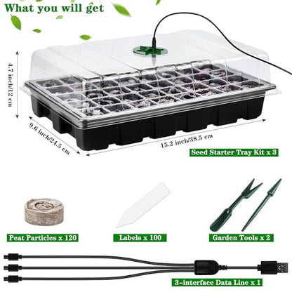 3 Pack Seed Starter Tray Kit with Grow Light Germination Trays with Humidity Dome, 120 Peat Pellets, Gardening Tools, Plant Labels, Plant Growing Trays for Seeds Growing Starting, Black - color: Black