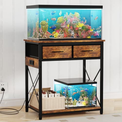 20-29-37Gallon Fish Tank Stand with Power Outlet, Heavy Duty Metal Aquarium Stand with Two Storage Drawers for Fish Tank Accessories Storage, Perfect for Turtle Tank, Reptile Terrarium, Brown - color: Brown, size: 20-29-37 Gallon