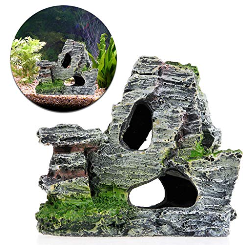 Aquarium Rock Cave, Large Resin Cave Decoration for Fish Tank, Mountain View Artificial Rock with Moss and Trees for Betta Cichlid Fish Shrimp to Hide Rest Breed, Decor