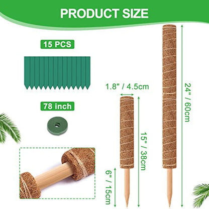 GROWNEER 24 Inch Moss Pole for Plants Indoor, 2 Pcs 15 Inch Stackable Coir Totem Monstera Support, Moss Sticks with 15pcs Labels and 78in Garden Ties, Stake for Climbing Snake Plants Indoor - size: 24 Inches