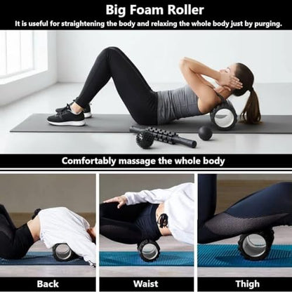 Aucuu 6 in 1 Foam Roller Set Includes Hollow Core Massage Roller, Yoga Stick, Massage Ball, Fitness Stretching Strap, Carrying Bag, Towel, Massage Roller (Black) - color: Black