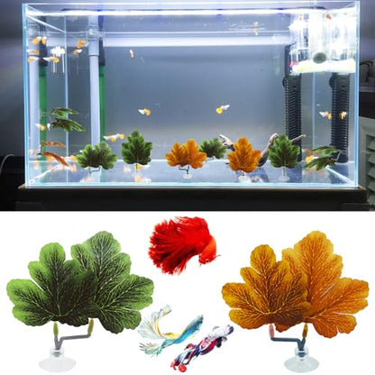 Fish Leaf Pad Betta Leaf Hammocks with Suction Cup 3pcs Fish Tank Accessories Aquarium Decor Plastic Plants Natural Habitat Spawning Breeding Resting Bed Multi Leaf Design (Yellow)