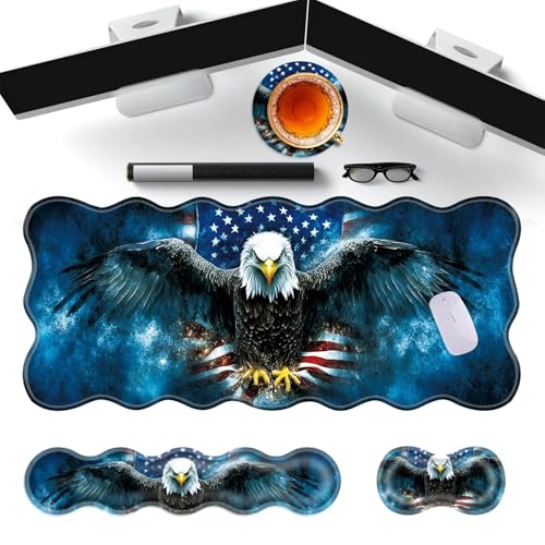 Large Gaming Mouse Pad, Keyboard Wrist Rest Pad & Wrist Support Mousepad Set, Stitched Edge, Extended, Non-Slip Base, Memory Foam Desk Mat for Office, Home,American Flag Bald Eagle - color: American Flag Bald Eagle