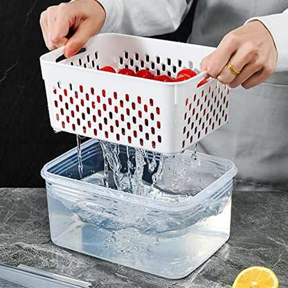 3 Pcs Drain Storage Basket Box with Removable Colander, 850ml/1750ml/3300ml Transparent Leakproof Food Storage Containers for Fruit,Vegetable, Salad, Meat, Fish