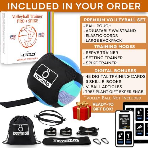 OVANTO Volleyball Training Equipment Kit | Adjustable Practice Hitting Rebounder, Ultra-Stretch Neoprene, Exclusive Elastic Cords, Premium Content - color: ‎VT Pro + Spike MAX