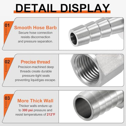 2 Pack Stainless Steel Hose Barb to NPT Male Adapter, 1/4" Barb x 1/2" NPT Female for Industrial, Automotive, Fluid Transfer, Home Gardening - size: 1/4" Barb To 1/2" NPT Female