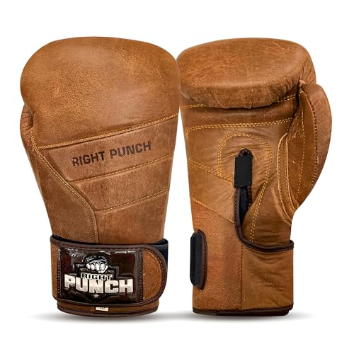 Rightpunch Premium Cowhide Leather Brown Boxing Gloves| Training Boxing Gloves Men & Women | Ideal for Sports & Muay Thai - size: 14OZ