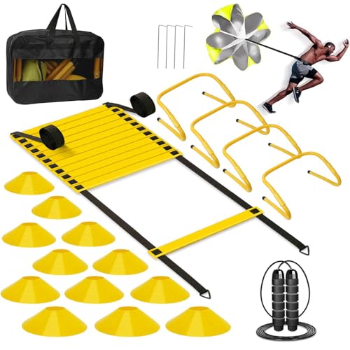 Agility Ladder, Soccer Training Equipment Set, 4 Agility Hurdles, 20ft Speed Ladder, Running Parachute, 12 Football Cones, Jump Rope | Soccer Basketball Athletes Speed Training - color: Yellow