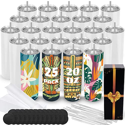 Joyclub 25 Pack 20 oz Sublimation Tumblers Bulk Sublimation Blanks for Heat Transfer Double Wall Insulated Straight SkinnyTumbler with Individually Gift Box and Shrink Wrap Film - color: White 25 Pack