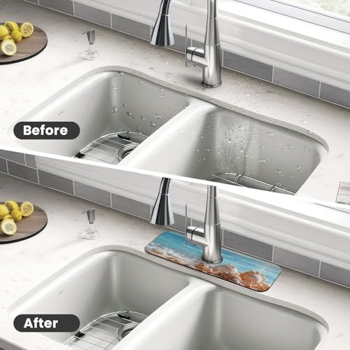 Faucet Draining Mat For Kitchen Sink, Beach Seashells Starfish Diatom Mud Absorbent Drain Pad For Bathroom Kitchen Sink Splash Guard Drying Mat - color: Beach Seashells Starfish