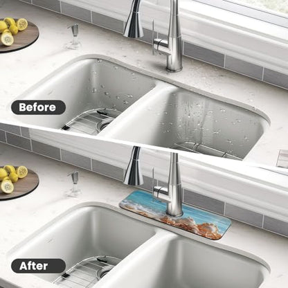 Faucet Draining Mat For Kitchen Sink, Beach Seashells Starfish Diatom Mud Absorbent Drain Pad For Bathroom Kitchen Sink Splash Guard Drying Mat - color: Beach Seashells Starfish