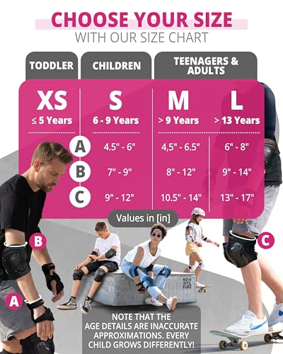 SKATEWIZ Kids and Adult Knee Pads and Elbow Pads Set 6pcs - incl. Carry Bag - color: Pink-White, size: L - Teens and Adults