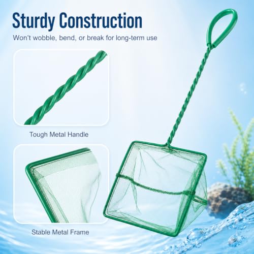Aquarium Fish Net with Braided Metal Handle, 6'' Fish Net for Fishes Tank Soft Nylon Mesh for FishTanks Sludge Food Residue Wastes Skimming Cleaning Nets (Green)