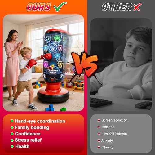Kids Punching Bag with Gloves & Pump, Inflatable Boxing Set Electronic Boxing Bag with Music & Lights, Freestanding Martial Arts Toy with 4 Smart Game Modes, Birthday Gift for Boys and Girls Ages 4-12