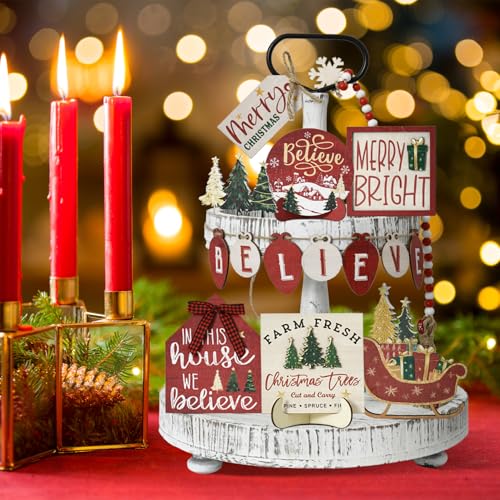 Smile 15 Pcs Christmas Indoor Decor, Wooden Tiered Tray Decor Set Centerpiece, Christmas Tree Tabletop Decoration for Xmas Home - style: Christmas Retro