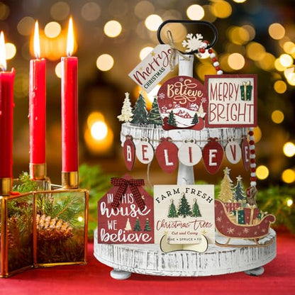 Smile 15 Pcs Christmas Indoor Decor, Wooden Tiered Tray Decor Set Centerpiece, Christmas Tree Tabletop Decoration for Xmas Home - style: Christmas Retro