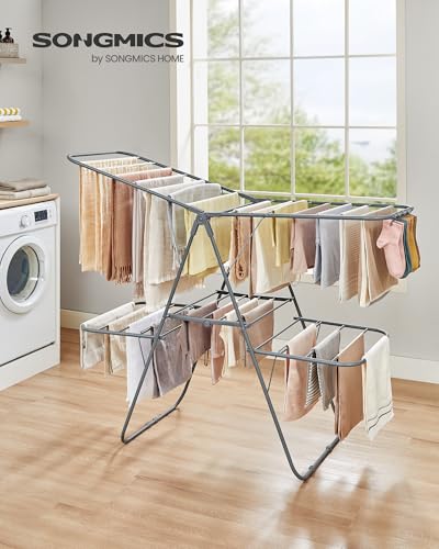SONGMICS Clothes Drying Rack, Foldable 2-Level Stee Laundry Drying Rack - color: Gray, size: 2 Tiers（22"d x 61.8"w x 64.3''h )