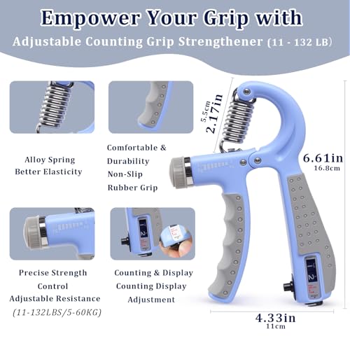CYFIE Grip Strength Trainer Kit Adjustable 10-132Lbs Hand Exerciser Counter - color: Blue