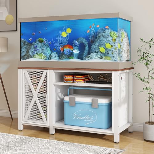 YITAHOME Heavy Duty 55-75 Gallon Aquarium Stand with Power Outlets, Cabinet for Aquarium Accessories Storage - Metal Fish Tank Stand Suitable for Fish, Turtle Tank, 880LBS Capacity, White - color: White+Walnut