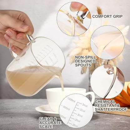 3 Pack High Borosilicate Glass Measuring Cups Set with Handle V Shaped Spout, 4, 2, 1 Cup 3 Scales (Oz, Cup, Ml) for Kitchen Restaurant Baking Cooking, Easy to Read, Clear(White Scale)