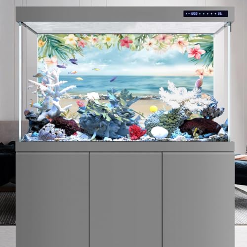 AWERT 36x18 inches Sea Beach Aquarium Background Blue Sky Seaside Beach Tropical Plants Flowers Shells Starfish Fish Tank Background Polyester Terrarium Background